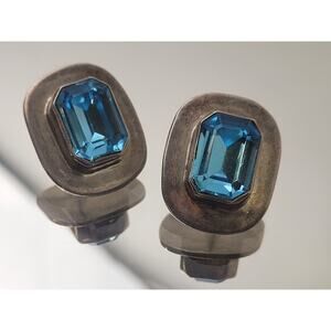 Vintage 1980s Sterling Silver Large Statement Post Earrings w Blue Crystal